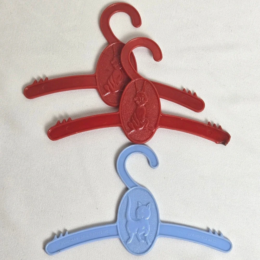 Peggy-Ann Doll Plastic‎ Clothes Hangers, Set of 3 Vintage, Cat Rabbit, Blue Red